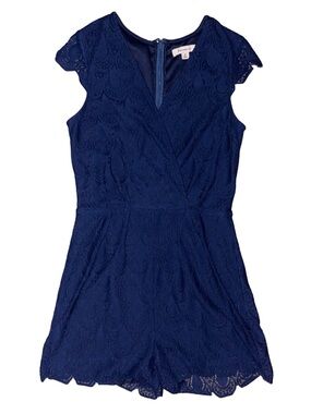 Blue Lace Scalloped Hem Romper with Back Zipper